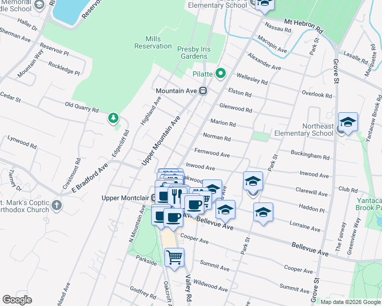 map of restaurants, bars, coffee shops, grocery stores, and more near 222 Fernwood Avenue in Montclair