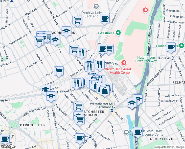 map of restaurants, bars, coffee shops, grocery stores, and more near 1500 Williamsbridge Road in Bronx