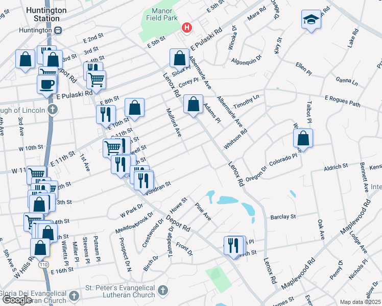 map of restaurants, bars, coffee shops, grocery stores, and more near 123 East 13th Street in Huntington Station