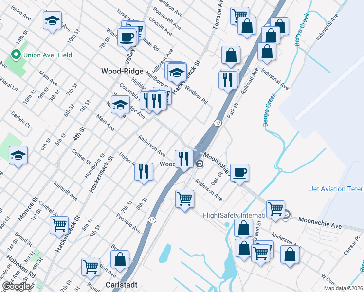 map of restaurants, bars, coffee shops, grocery stores, and more near 180 Woodridge Street in Wood-Ridge
