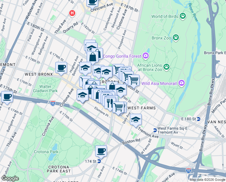 map of restaurants, bars, coffee shops, grocery stores, and more near 2035 Marmion Avenue in The Bronx