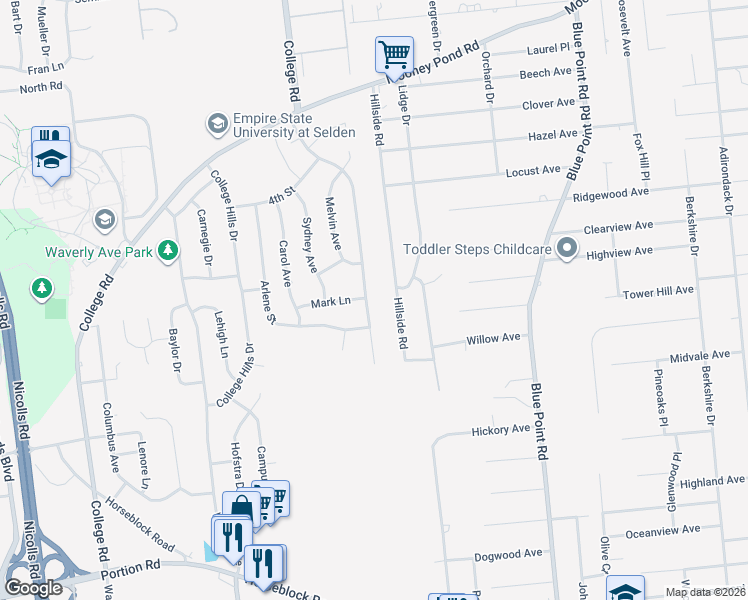 map of restaurants, bars, coffee shops, grocery stores, and more near 51 Roberta Avenue in Farmingville