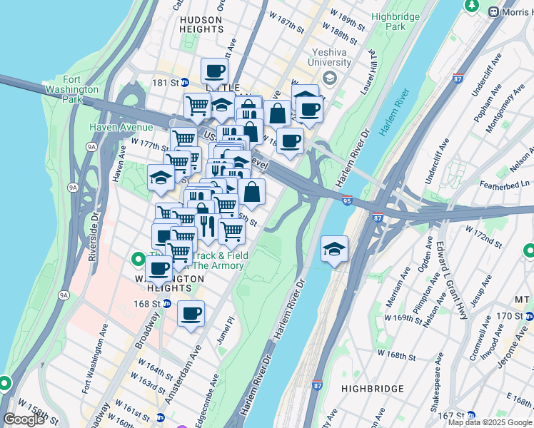 map of restaurants, bars, coffee shops, grocery stores, and more near 2338 Amsterdam Avenue in New York