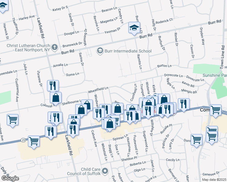 map of restaurants, bars, coffee shops, grocery stores, and more near 4 Hedgerow Lane in Commack