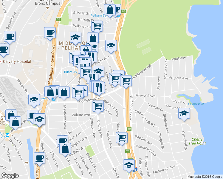 map of restaurants, bars, coffee shops, grocery stores, and more near in The Bronx