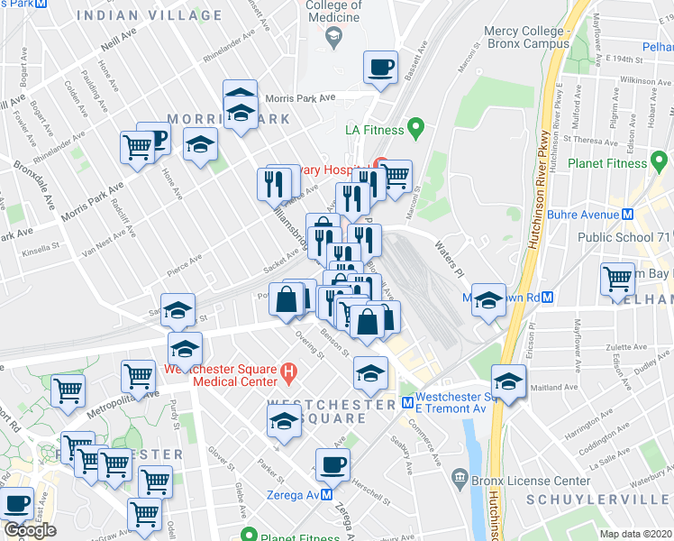 map of restaurants, bars, coffee shops, grocery stores, and more near 1518 Williamsbridge Road in Bronx