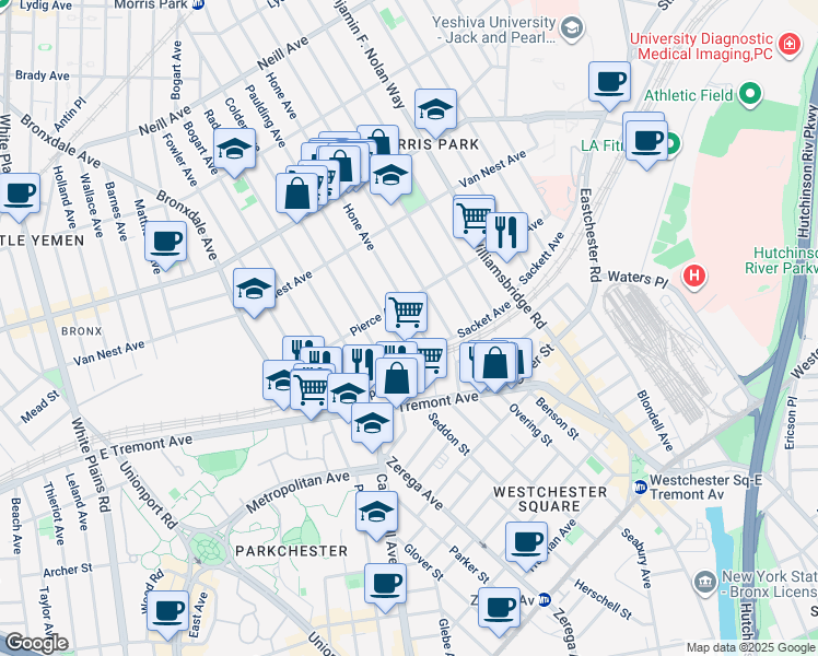 map of restaurants, bars, coffee shops, grocery stores, and more near 1588 Paulding Avenue in The Bronx