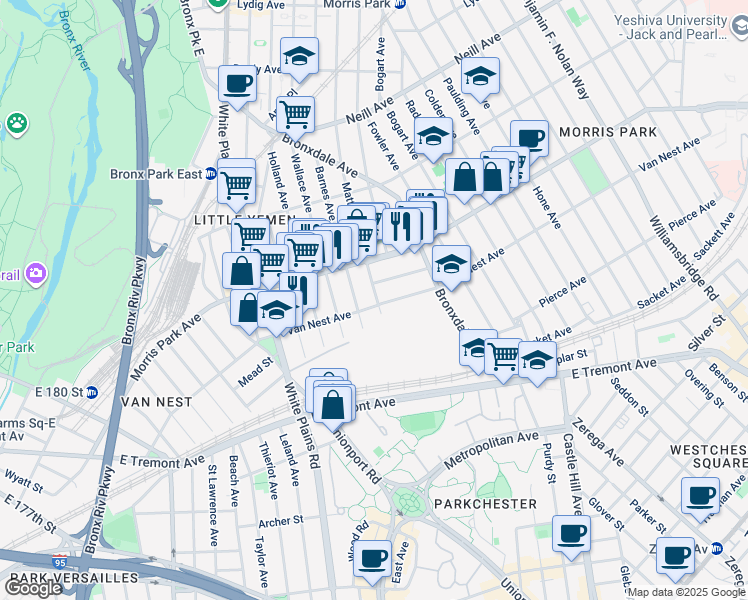 map of restaurants, bars, coffee shops, grocery stores, and more near 1713 Matthews Avenue in Bronx