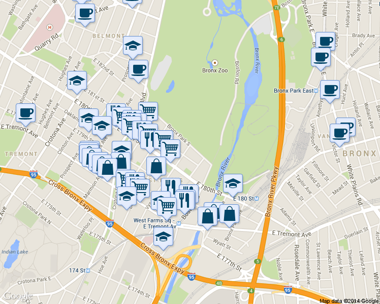 map of restaurants, bars, coffee shops, grocery stores, and more near 2137 Vyse Avenue in Bronx