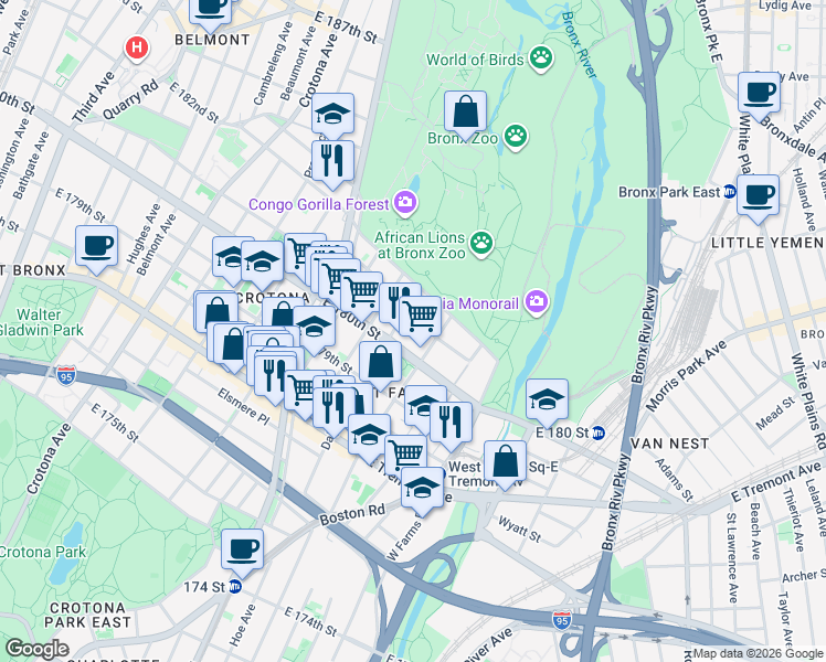 map of restaurants, bars, coffee shops, grocery stores, and more near 2116 Daly Avenue in The Bronx