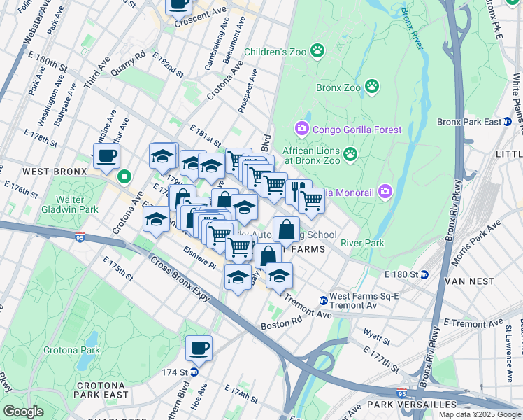 map of restaurants, bars, coffee shops, grocery stores, and more near 2079 Mohegan Avenue in The Bronx