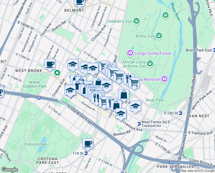 map of restaurants, bars, coffee shops, grocery stores, and more near 2079 Mohegan Avenue in The Bronx
