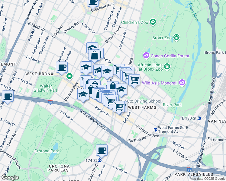 map of restaurants, bars, coffee shops, grocery stores, and more near 2035 Marmion Avenue in The Bronx