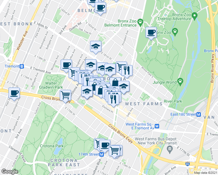 map of restaurants, bars, coffee shops, grocery stores, and more near in Bronx