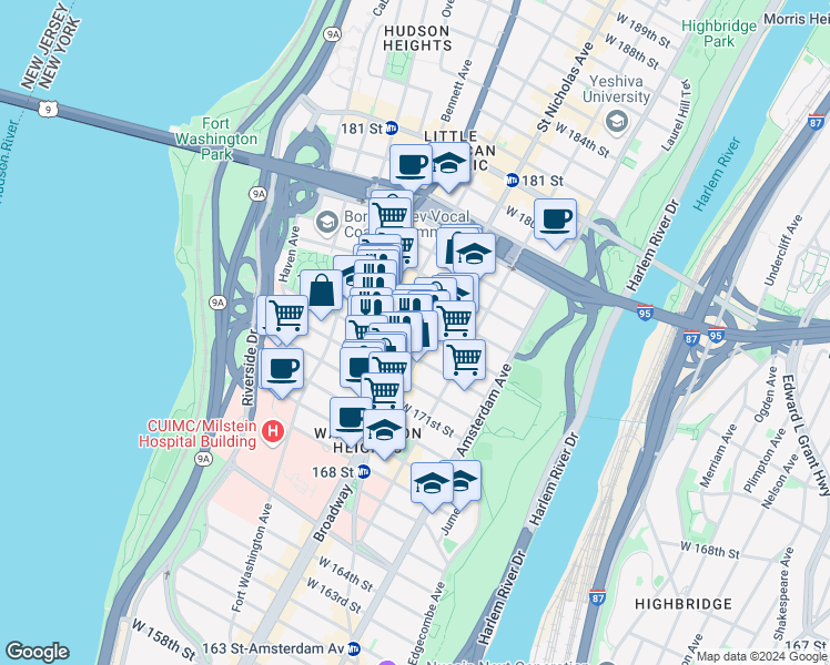 map of restaurants, bars, coffee shops, grocery stores, and more near 15 Wadsworth Avenue in New York