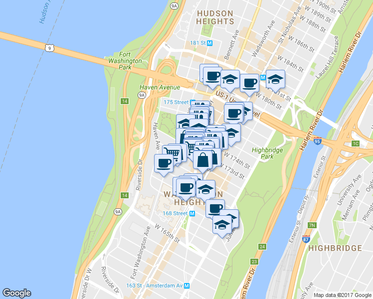 map of restaurants, bars, coffee shops, grocery stores, and more near 639 West 173rd Street in New York