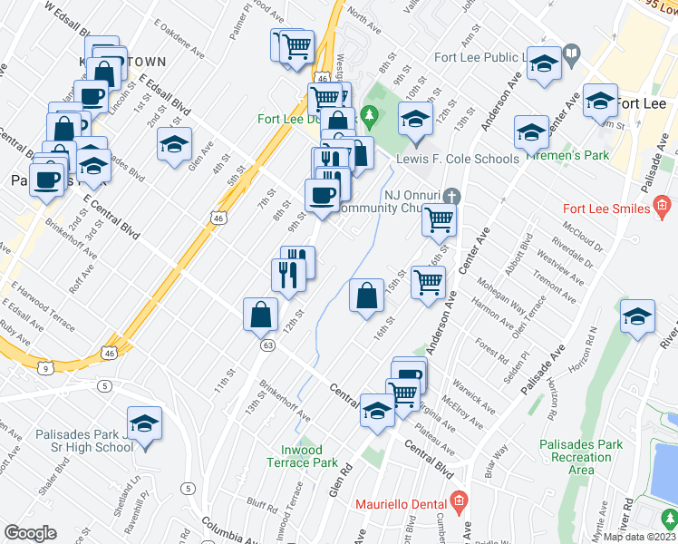 map of restaurants, bars, coffee shops, grocery stores, and more near 800 12th Street in Palisades Park