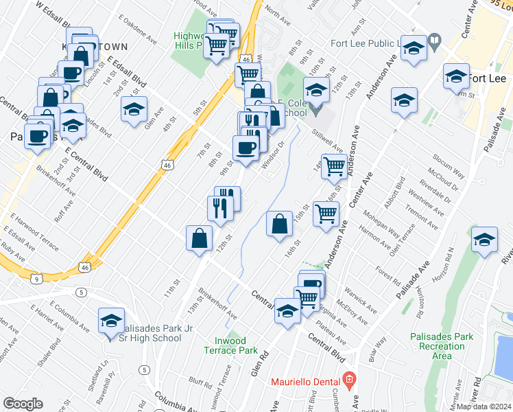 map of restaurants, bars, coffee shops, grocery stores, and more near 800 12th Street in Palisades Park