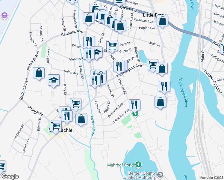 map of restaurants, bars, coffee shops, grocery stores, and more near 26 Hester Street in Little Ferry