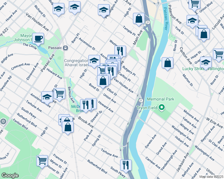 map of restaurants, bars, coffee shops, grocery stores, and more near 99 Palmer Street in Passaic