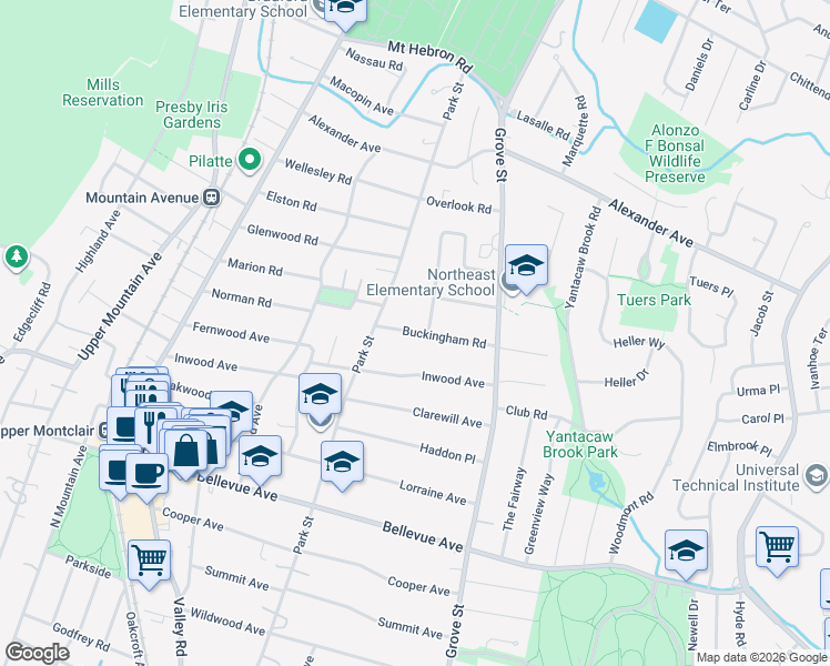 map of restaurants, bars, coffee shops, grocery stores, and more near 133 Buckingham Road in Montclair