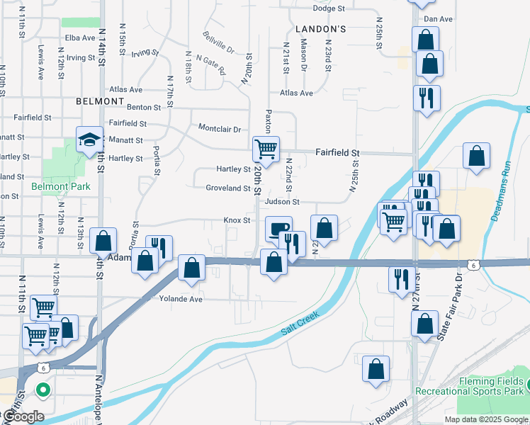 map of restaurants, bars, coffee shops, grocery stores, and more near 3300 North 20th Street in Lincoln