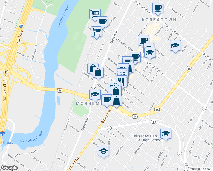 map of restaurants, bars, coffee shops, grocery stores, and more near 46 West Edsall Avenue in Palisades Park