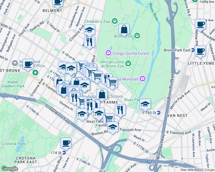 map of restaurants, bars, coffee shops, grocery stores, and more near 2116 Daly Avenue in The Bronx