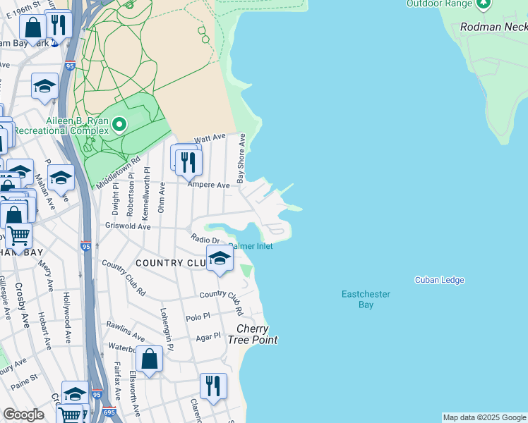 map of restaurants, bars, coffee shops, grocery stores, and more near 1516 Outlook Avenue in The Bronx