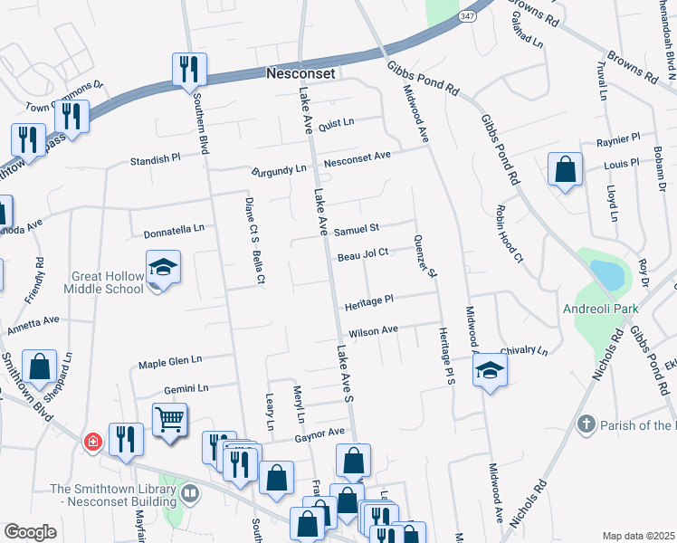 map of restaurants, bars, coffee shops, grocery stores, and more near 279 Lake Avenue South in Nesconset