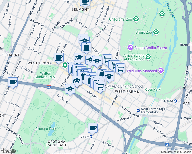 map of restaurants, bars, coffee shops, grocery stores, and more near 2010 Mapes Avenue in Bronx