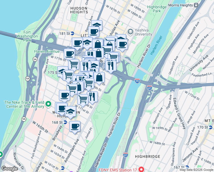 map of restaurants, bars, coffee shops, grocery stores, and more near West 176th Street in New York