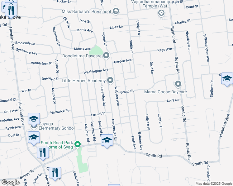 map of restaurants, bars, coffee shops, grocery stores, and more near Webster Avenue in Lake Ronkonkoma