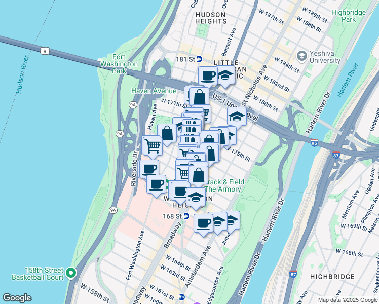 map of restaurants, bars, coffee shops, grocery stores, and more near 629 West 173rd Street in New York