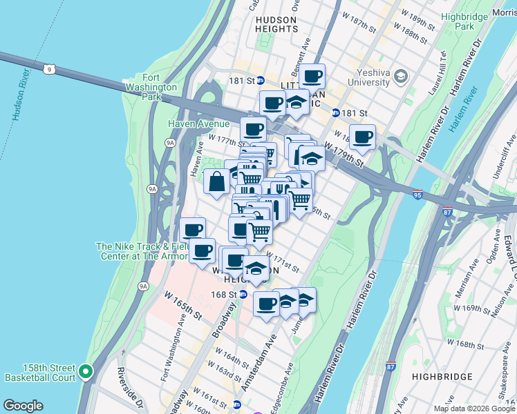 map of restaurants, bars, coffee shops, grocery stores, and more near 15 Wadsworth Avenue in New York