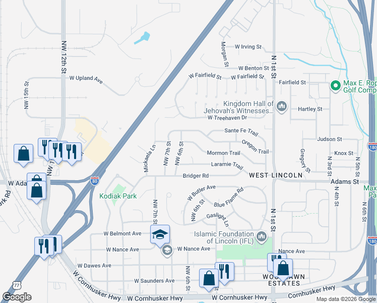 map of restaurants, bars, coffee shops, grocery stores, and more near 3131 Laramie Cir in Lincoln