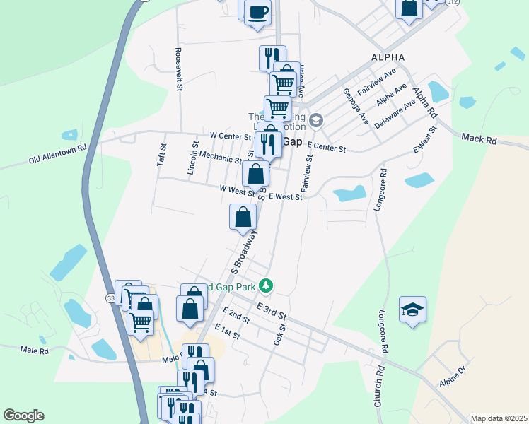 map of restaurants, bars, coffee shops, grocery stores, and more near 227 S Broadway in Wind Gap