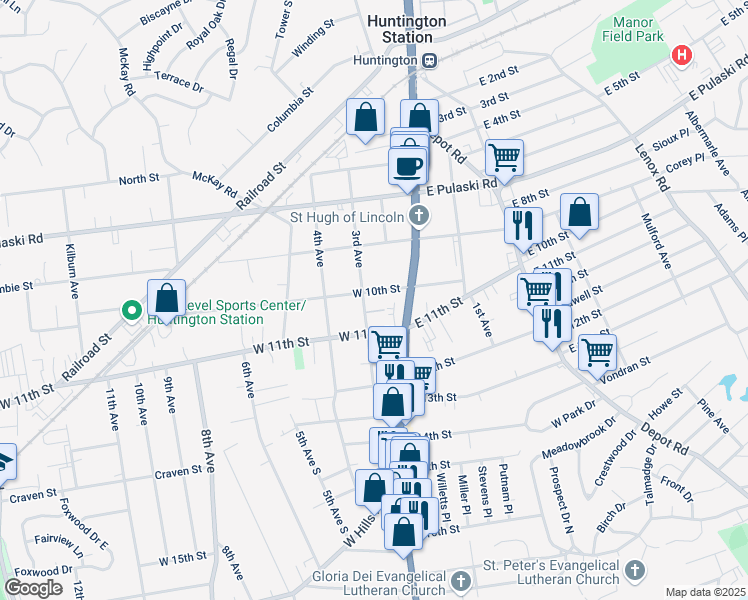 map of restaurants, bars, coffee shops, grocery stores, and more near 32 West 10th Street in Huntington Station