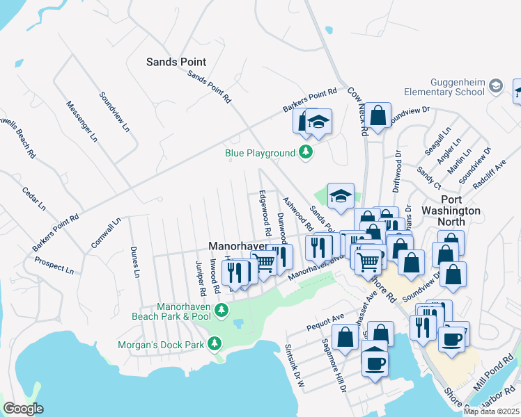 map of restaurants, bars, coffee shops, grocery stores, and more near 60 Edgewood Road in Port Washington