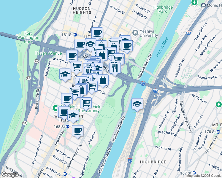 map of restaurants, bars, coffee shops, grocery stores, and more near Amsterdam Avenue & West 176th Street in New York