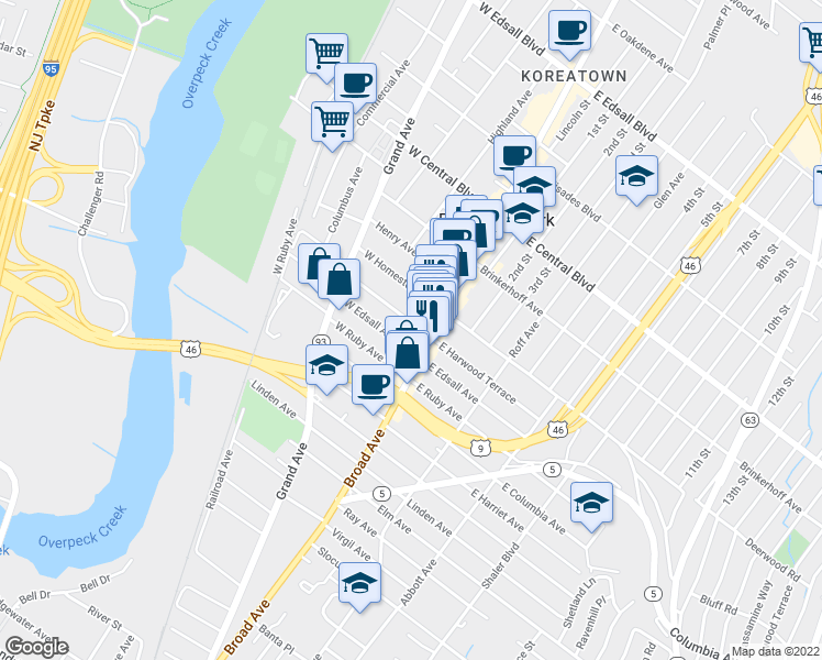 map of restaurants, bars, coffee shops, grocery stores, and more near 16 West Harwood Terrace in Palisades Park