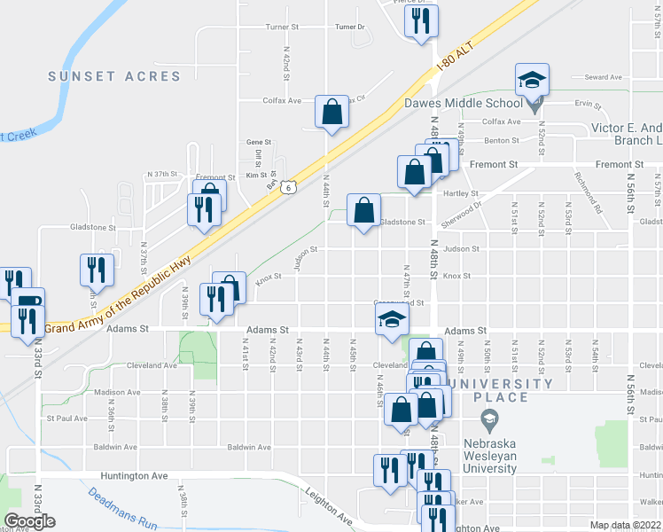 map of restaurants, bars, coffee shops, grocery stores, and more near 3220 N 44th St in Lincoln