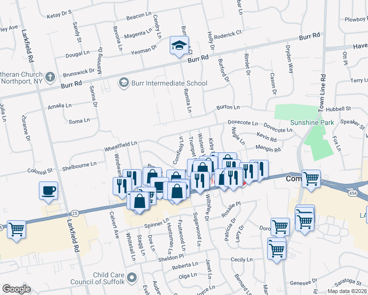 map of restaurants, bars, coffee shops, grocery stores, and more near 14 Cornfield Lane in Commack