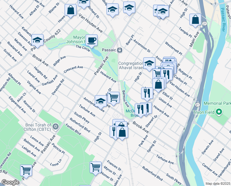 map of restaurants, bars, coffee shops, grocery stores, and more near 8 John Street in Passaic