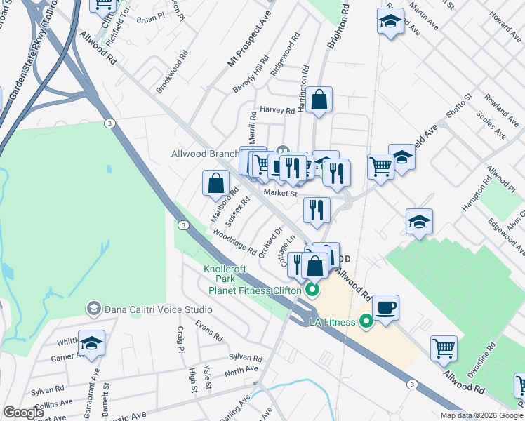 map of restaurants, bars, coffee shops, grocery stores, and more near 5 Burlington Road in Clifton