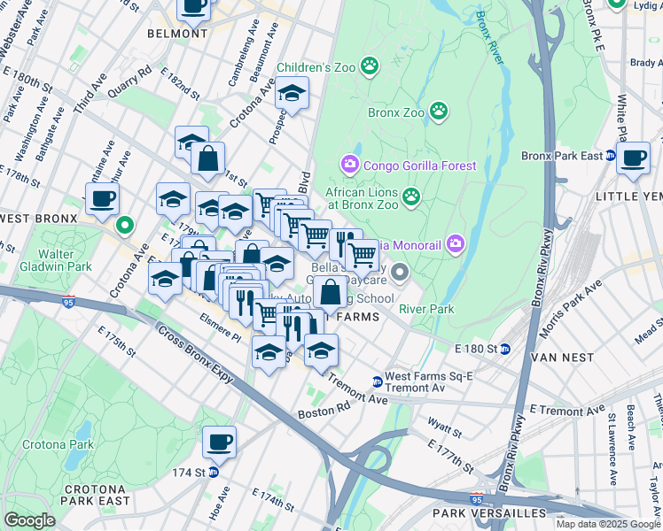 map of restaurants, bars, coffee shops, grocery stores, and more near 2102 Honeywell Avenue in The Bronx