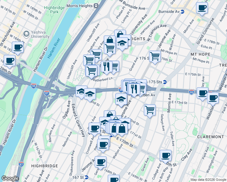 map of restaurants, bars, coffee shops, grocery stores, and more near Macombs Rd & E Mt Eden Ave in Bronx