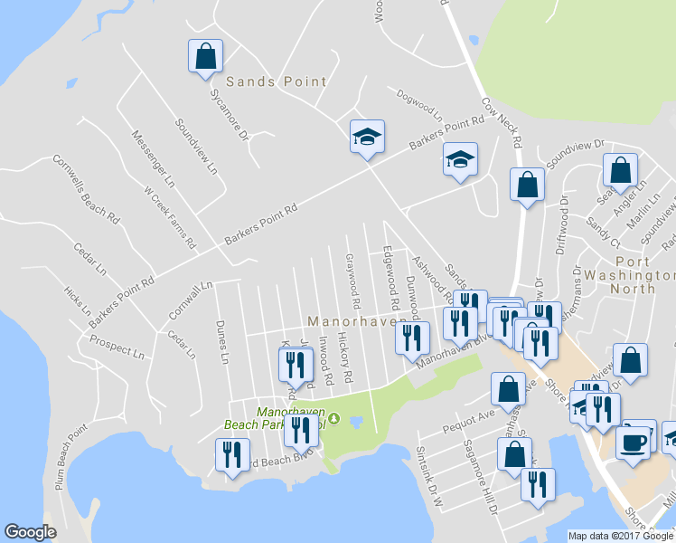 map of restaurants, bars, coffee shops, grocery stores, and more near 74 Hickory Road in Port Washington
