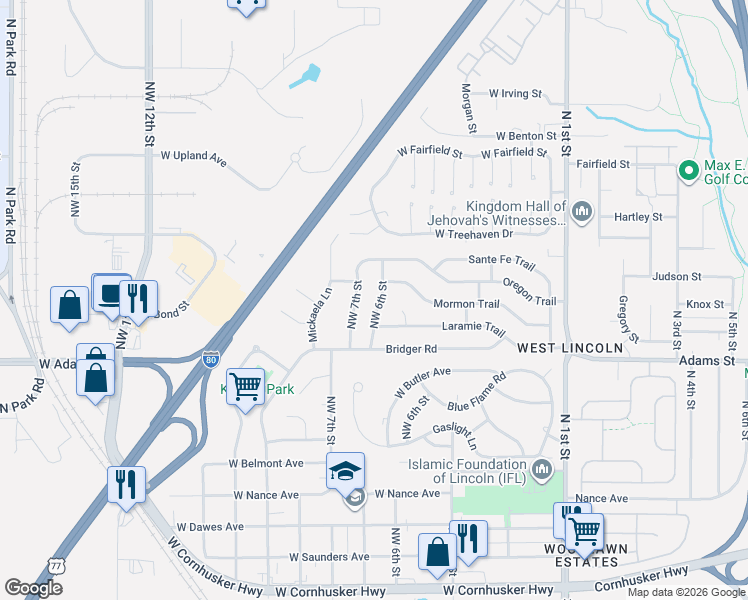 map of restaurants, bars, coffee shops, grocery stores, and more near 3126 Northwest 7th Street in Lincoln