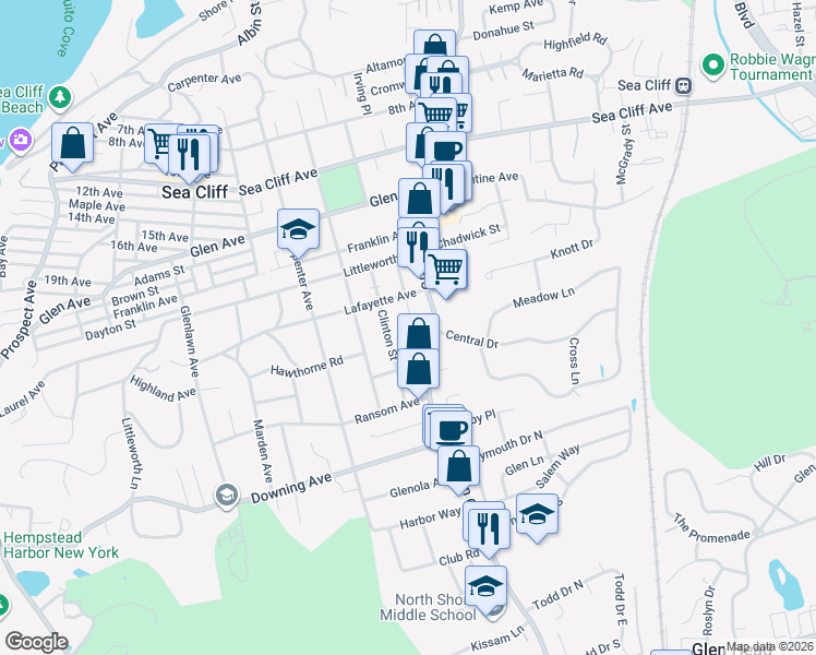 map of restaurants, bars, coffee shops, grocery stores, and more near 36 Grove Street in Sea Cliff